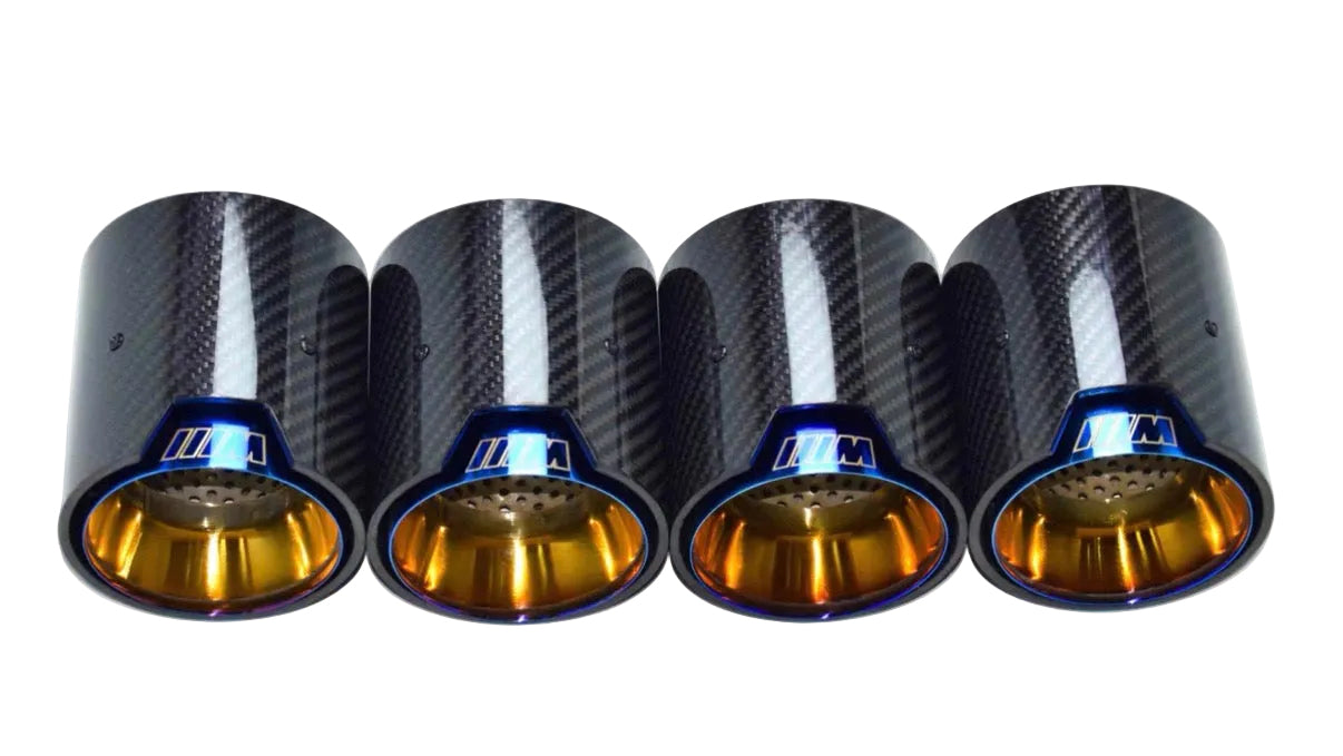 MP Style Carbon Fiber Clamp-On Exhaust Tip (Black Outer, Burnt Gold and Blue Inner, Yellow M)(Single Unit)