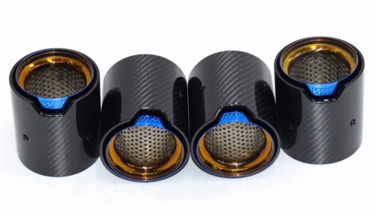 MP Style Carbon Fiber Clamp-On Exhaust Tip (Black Outer, Burnt Gold and Blue Inner)(Single Unit)