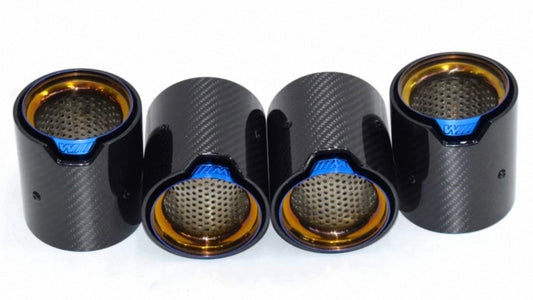 MP Style Carbon Fiber Clamp-On Exhaust Tip (Black Outer, Burnt Gold and Blue Inner)(Single Unit)
